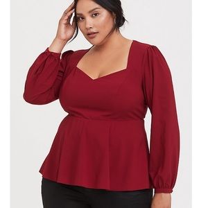 DARK RED CREPE LONG SLEEVE PEPLUM BLOUSE